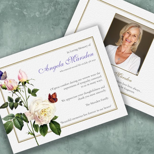Tack för ditt kort för blommor och Ro (Funeral Elegant Butterflies and Roses Bereavement Memorial Sympathy Thank You Card)