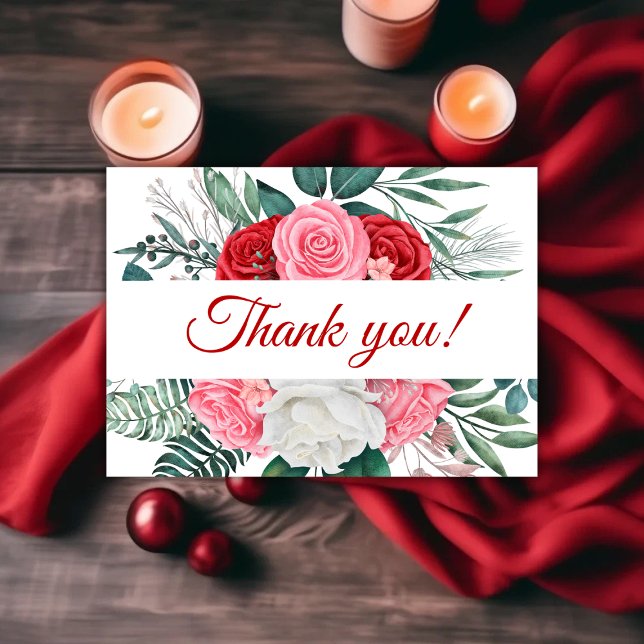 Tack för ditt kort för Bröllop i röd ros (Red Rose Watercolor Wedding Thank You Card)