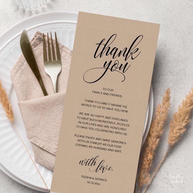 Tack för ditt kort för bröllop-repetitionen (Modern Rustic Wedding Reception Dinner Lunch Brunch Thank You Card Brown Kraft )