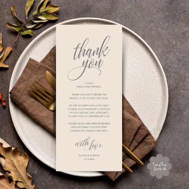 Tack för ditt kort för bröllop-repetitionen (Modern Romantic Wedding Reception Dinner Thank You Card in Cream Grey)