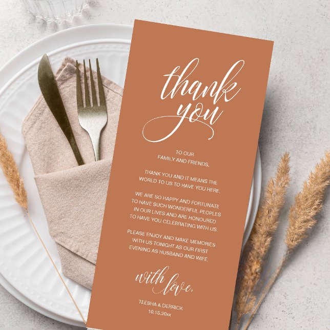 Tack för ditt kort för bröllop-repetitionen (Modern Romantic Wedding Reception Dinner Thank You Card in Copper Brown Terracotta)
