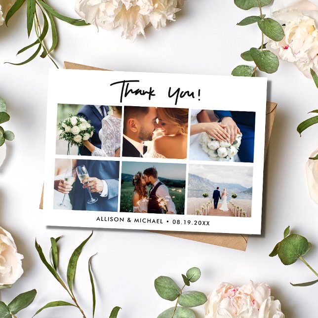 Tack för ditt kort för bröllopsdagens fotokollage (Wedding Day Photo Collage Thank You Card)