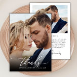 Tack för ditt kort för chic, skript 2 Photo Bröllo<br><div class="desc">Modern Chic Boho Calligraphy Script Bröllop 2 Photo Tackyou Card. Snyggt bröllop tackar dig för att du har en fullt framsida med texten "Tack" i ett pipettformat som snabbt och snabbt skriver typografi-skript som sänker svan-typsnittet i vit övertäckning på bild och ett omvänt sidfoto (1) och ett förformat tack. 2-sidigt...</div>