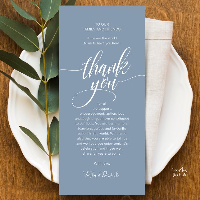Tack för ditt kort för den moderna skribentgästen  (Modern Script Wedding Guest Dinner Reception Brunch Lunch Thank You Card in Warm Dusty Blue)