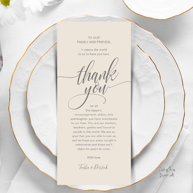 Tack för ditt kort för den moderna skribentgästen  (Modern Script Wedding Guest Dinner Reception Brunch Lunch Thank You Card in Classy Warm Cream Grey)