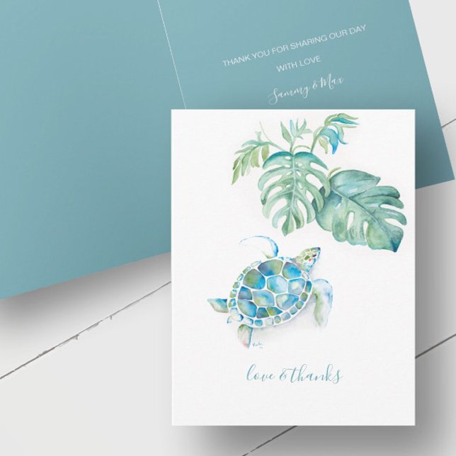 Tack för ditt kort för den tropiska blåhavssköldpa (Sea turtle thank you cards watercolor art by Victoria Grigaliunas Do Tell A Belle)