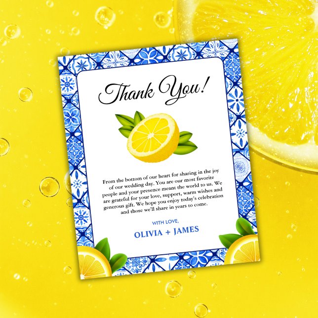 Tack för ditt kort för det italienska Lemon Bröllo (Mediterranean Italian Lemon Wedding Thank You Card )