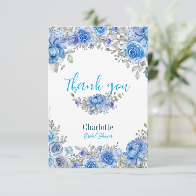 Tack för ditt kort för elegant Blue Blommigt (Stående Fram)