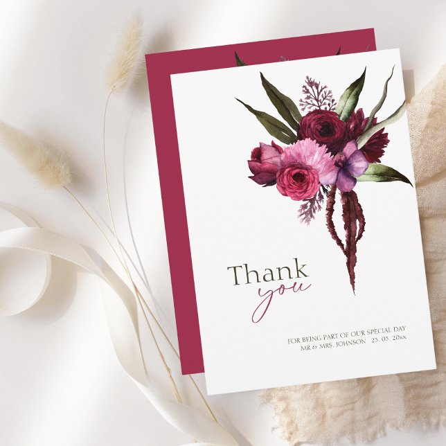 Tack för ditt kort för elegant Burgundy Blommigt B (Elegant Burgundy Floral Wedding Thank You Card)