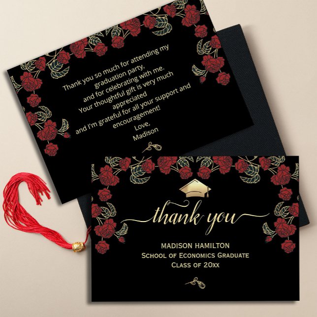 Tack för ditt kort för elegant Red Guld Studenten ("Make every 'thank you' a work of art! Our gorgeous graduation thank you cards feature a stunning)