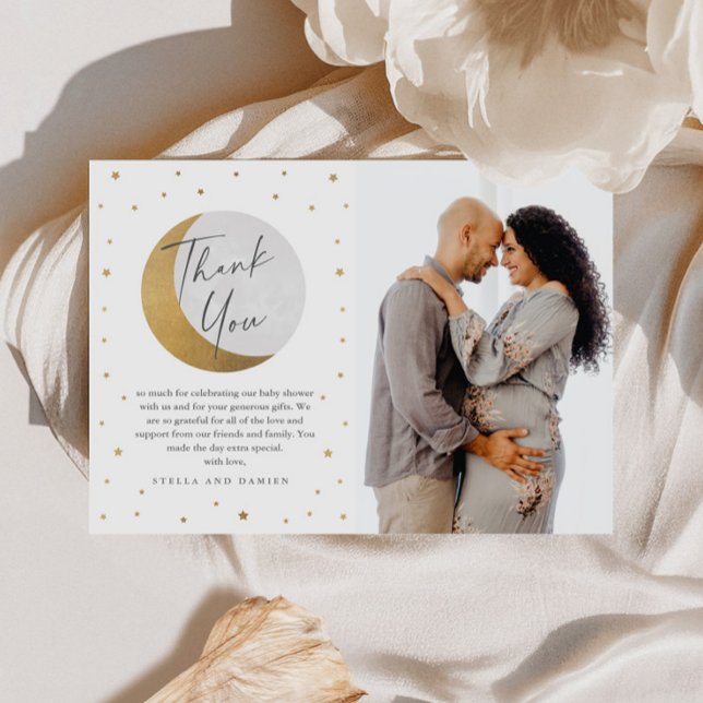 Tack för ditt kort för fotopåsfoto för Guld Måne & (Gold Moon and Stars Baby Shower Photo Thank You Card.)
