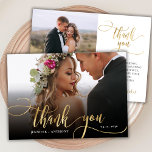 Tack för ditt kort för fotot Bröllop i Elegant Gul<br><div class="desc">Modern Boho Elegant Chic Guld Calligraphy Script Bröllop 2 Photo Tackyou Card. Snyggt bröllop tackar dig för att du har en fullt framsida med texten "Tack" i ett lodrät, snabbt och snävt textskript som byts ut mot svan teckensnittet FAUX guld överlägg på bild och ett baksida (1) foto och ett...</div>