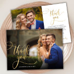 Tack för ditt kort för fotot Bröllop i Elegant Gul<br><div class="desc">Elegant Chic Modern Boho Guld Calligraphy Script Bröllop 2 Photo tackto You Card. Snyggt bröllop tackar dig för att du har en fullt-fotot på framsidan med texten "Tack" i ett litet, snabbt och snävt tecken på typografi-skript, swash svan font overlay på bild och ett omvänt sidefoto (1) och ett förtillverkat...</div>