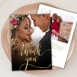 Tack för ditt kort för fotot Bröllop i Snyggt Guld<br><div class="desc">Modern Boho Chic Guld Calligraphy Script 2 Photo Bröllop - tackkort. Snyggt bröllop tackar dig för att du har en fullt framsida med texten "Tack" i ett lodrät, snabbt och snävt bokstäver typografi, dekortecken svan, teckensnittsskript faux guld överlägg på bild. 2-sidigt kort med 2 foton. Du kan enkelt anpassa ditt...</div>