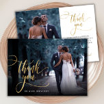 Tack för ditt kort för fotot Bröllop i Snyggt Guld<br><div class="desc">Modern Elegant Boho Chic Guld Calligraphy Script Bröllop 2 Photo Tackyou Card. Snyggt bröllop tackar dig för att du har en fullt-fotot på framsidan med texten "Tack" i ett litet, snabbt och snävt tecken på typografi-skript, swash svan font overlay på bild och ett omvänt sidefoto (1) och ett förtillverkat tack....</div>