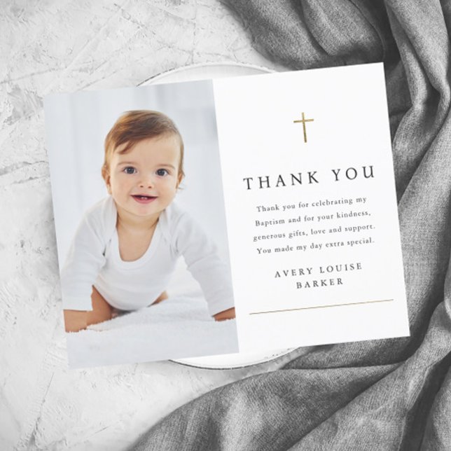 Tack för ditt kort för fotoutskottet Guld Kor (Modern simple baby photo baptism thank you cards.)