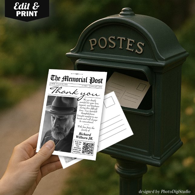 Tack för ditt kort för fotoutskrift (Photo Funeral Newspaper Memorial Thank You )