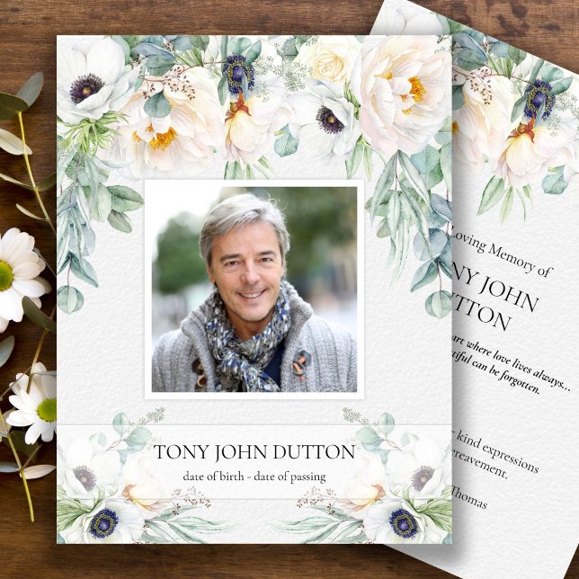 Tack för ditt kort för Funeral Vit ros Eucalyptus (Eucalyptus and White Roses Sympathy Bereavement Memorial Funeral Thank You Card)