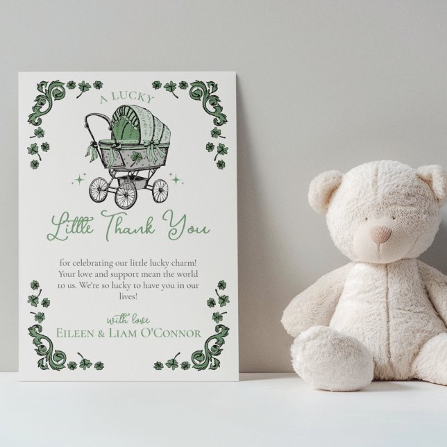 Tack för ditt kort för grönt St patricks day Baby  (Cute Irish Baby Shower Thank You Card. Hand Drawn Vintage Baby Carriage Stroller and Green Clovers)