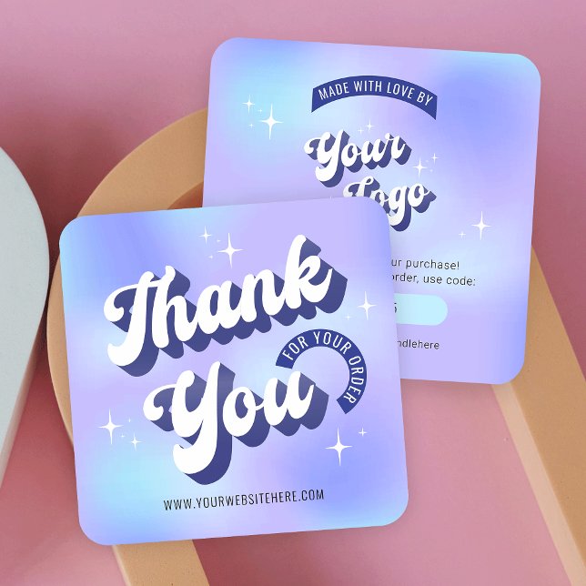 Tack för ditt kort för Groovy HoloGrapy Business t (Retro style thank you for order cards with groovy fonts in blue and purple)