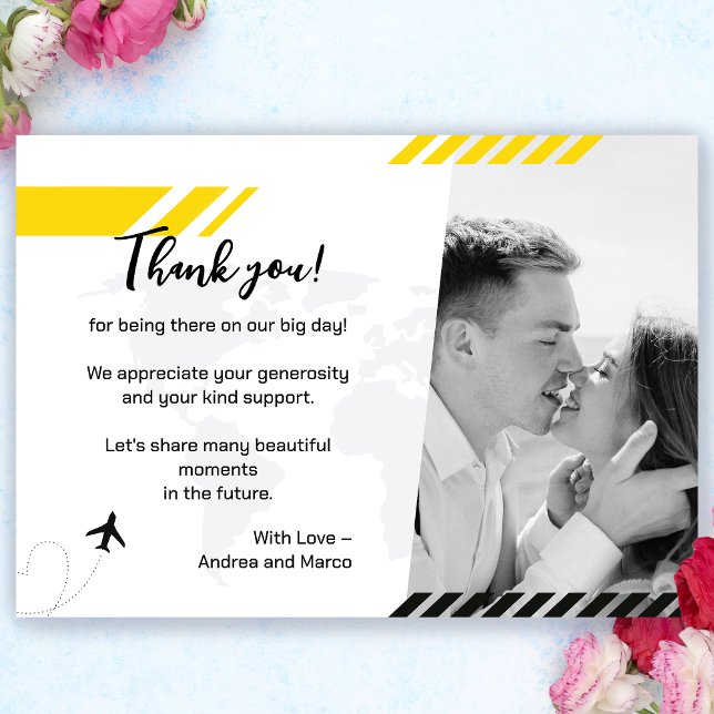 Tack för ditt kort för gult Beach-bröllopsboarding (Sunny Yellow Boarding Pass Wedding Thank You Card)