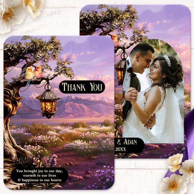 Tack för ditt kort för Lavender Romantic Art Photo (Wedding  photo Thank You card featuring a lavender landscape at sunset with lantern and love birds)