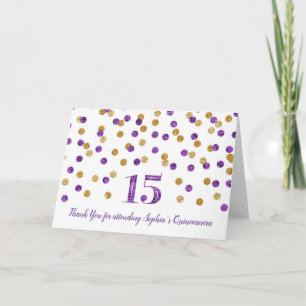 Tack för ditt kort för lila Guld Confetti Quinceañ