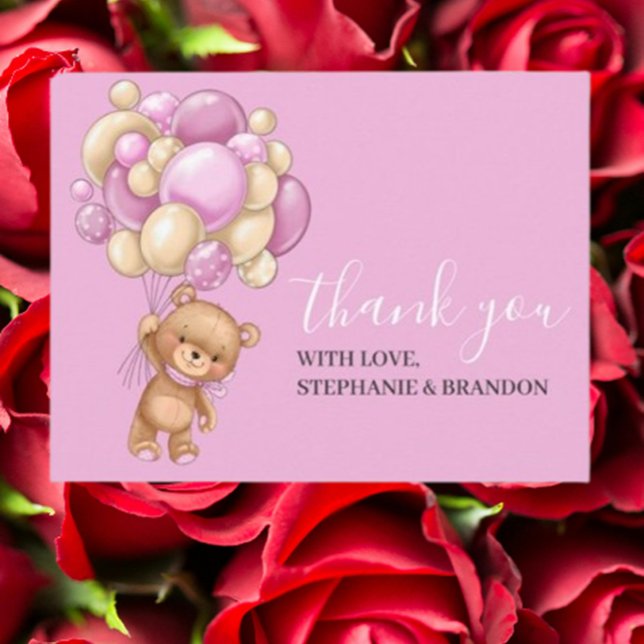 Tack för ditt kort för nallens ROSA-bubblor (Express heartfelt gratitude with our Teddy Bear Pink Balloons Thank You Card)