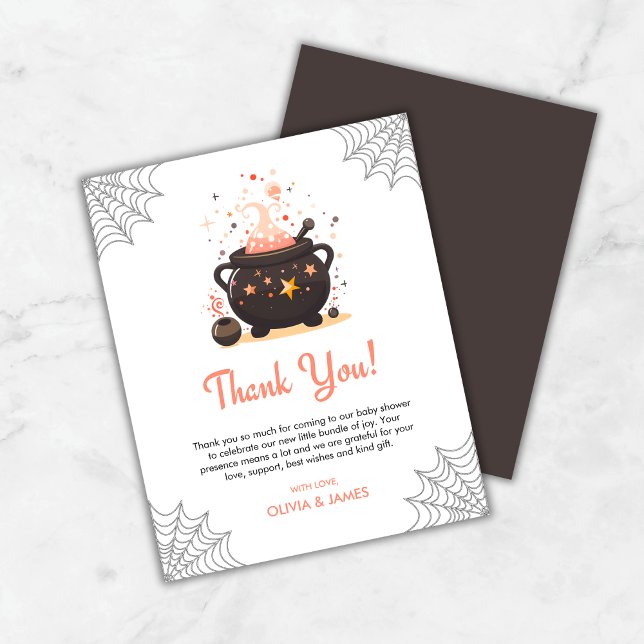 Tack för ditt kort för orange Halloween Baby Showe (Budget Orange Cauldron A Baby is Brewing Halloween Baby Shower Thank You Card )