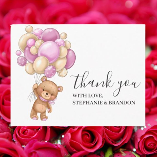 Tack för ditt kort för ROSA-bubblor för födelsedag (Express your heartfelt gratitude with our Birthday Teddy Bear PINK Balloons Thank You Card)