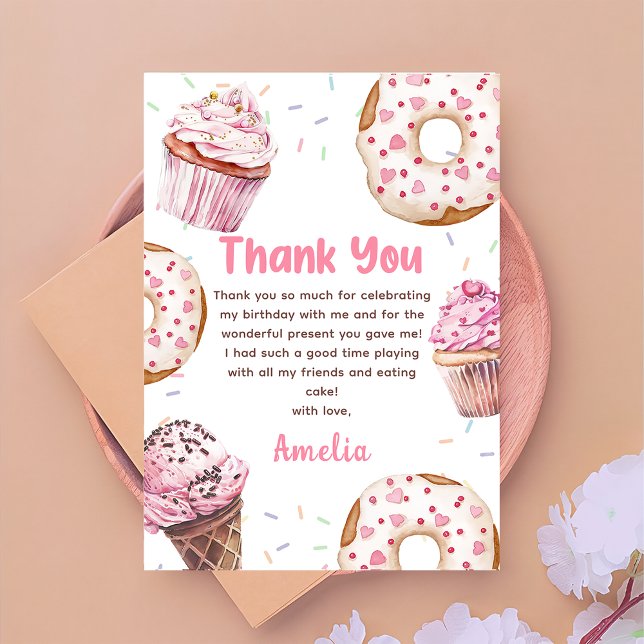 Tack för ditt kort för rosa Cupkaka & Donut Birthd (Skapare uppladdad)