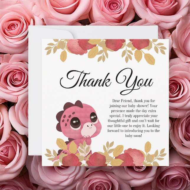Tack för ditt kort för rosa Dinosaur och Ro Baby S (pink dinosaur cartoon themed thank you card on top of roses)
