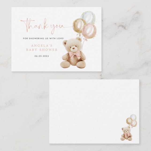 Tack för ditt kort för rosa Nalle Baby Shower (Fram/baksida)