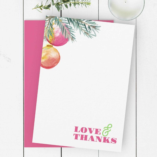 Tack för ditt kort för Rosa och Grönt Jul (Christmas thank you cards unique watercolor pink baubles with pine boughs)