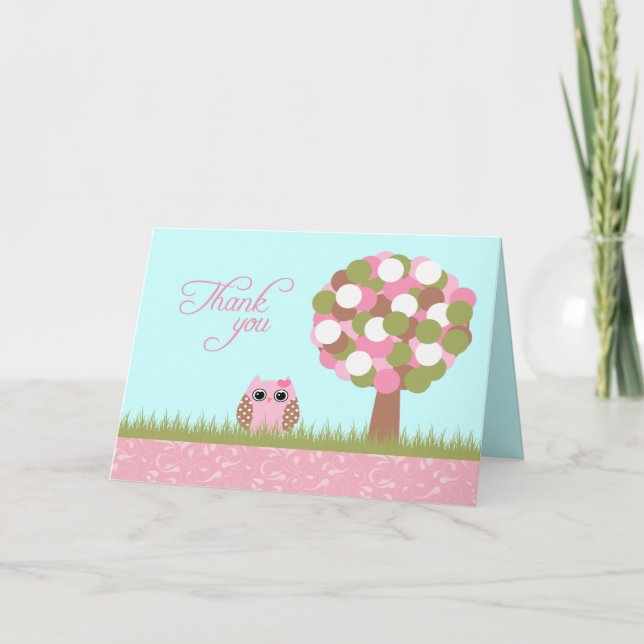 Tack för ditt kort för rosa uggla träd (Framsida)