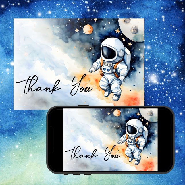Tack för ditt kort för rymden-astronaut-babydusche (Outer space astronaut baby shower thank you card template digital download watercolor galaxy)