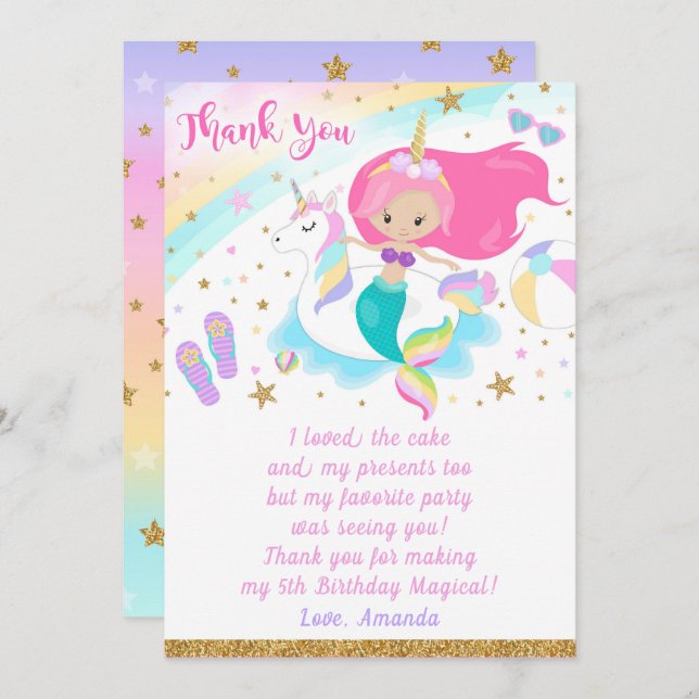 Tack för ditt kort för sjöjungfru och Unicorn (Fram/baksida)