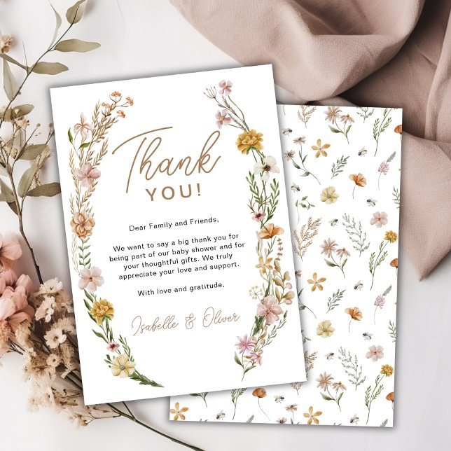 Tack för ditt kort för Wildblommans vattenfärgshöl (Wildflower Watercolor Baby Shower Thank You Card)
