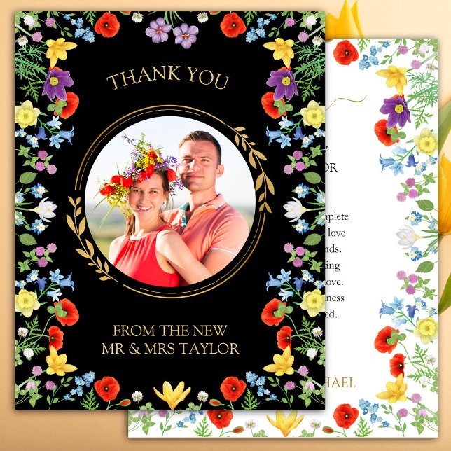 Tack för ditt kort för Wildblomsfoto Bröllop (Wildflower Black Photo Wedding Thank You Card)
