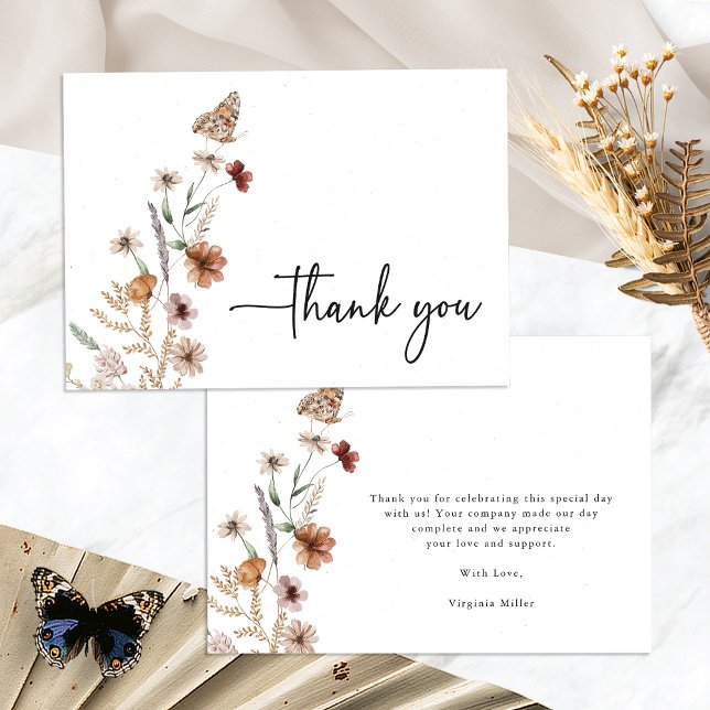 Tack för ditt kort för Wildblomsterbabyn (White Boho Wildflower Wedding Thank You Card with Butterfly by Painted Paperie
)