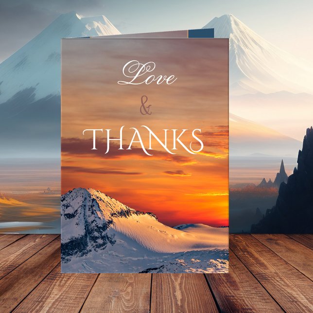 Tack för ditt kort - fotopapport för bergsvinter-b (A romantic winter wedding Thank You card featuring a winter wonderland scene at sunset)