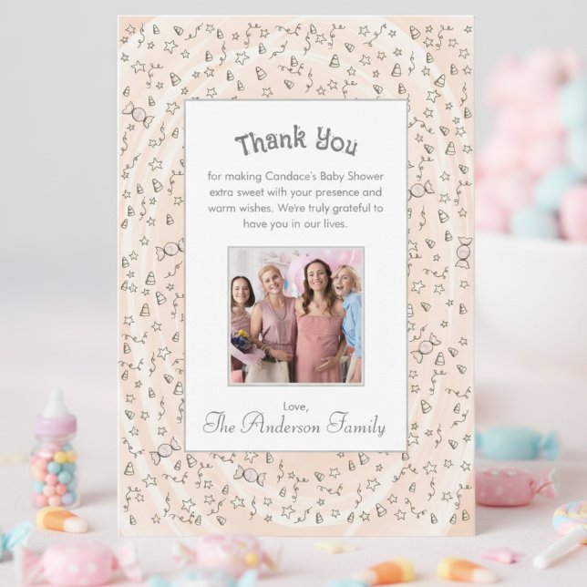 Tack för ditt kort, godis, barnskor, orange (Gender Neutral Baby Shower Candy Thank You Card for Fall Baby Shower, Halloween or October Birthday.)