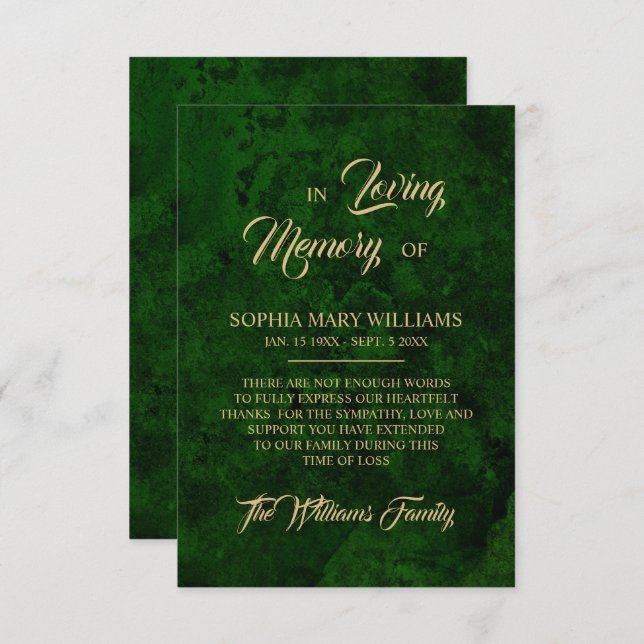 Tack för ditt kort, Grenery & Guld Sympathy Memory (Fram/baksida)