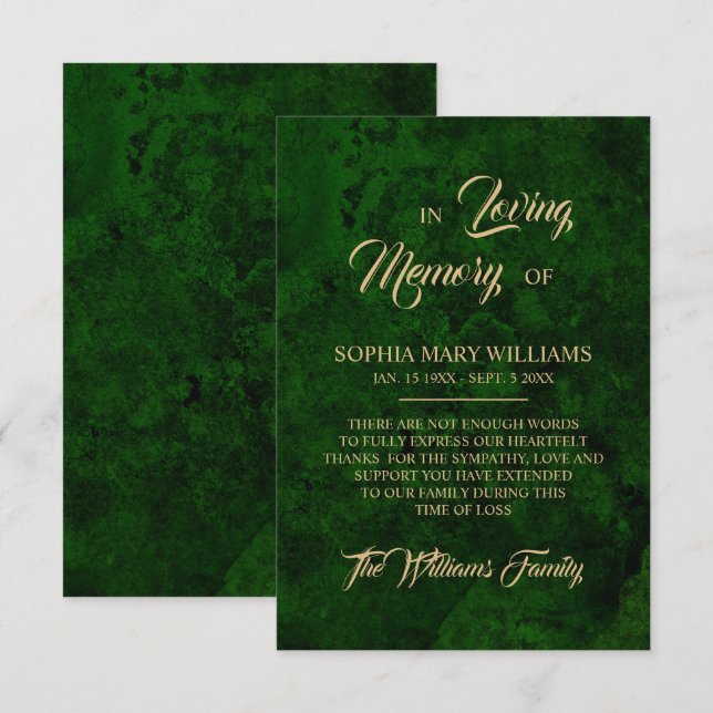 Tack för ditt kort, Grenery & Guld Sympathy Memory Kort (Fram/baksida)