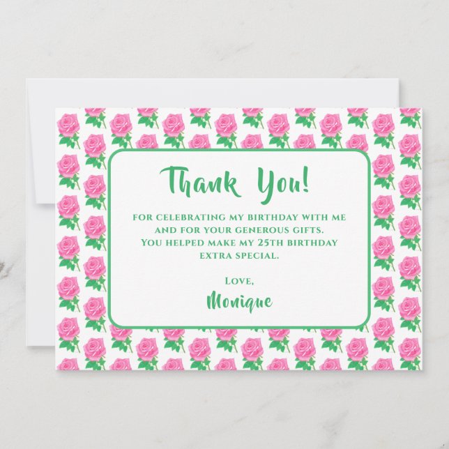 Tack för ditt kort i rosa ros på födelsedagen (Framsida)