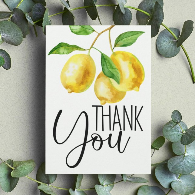 Tack för ditt kort, Lemon-Gulten Kort (Watercolor lemon drop thank you flat card features fun typography as well as citrus watercolor.)