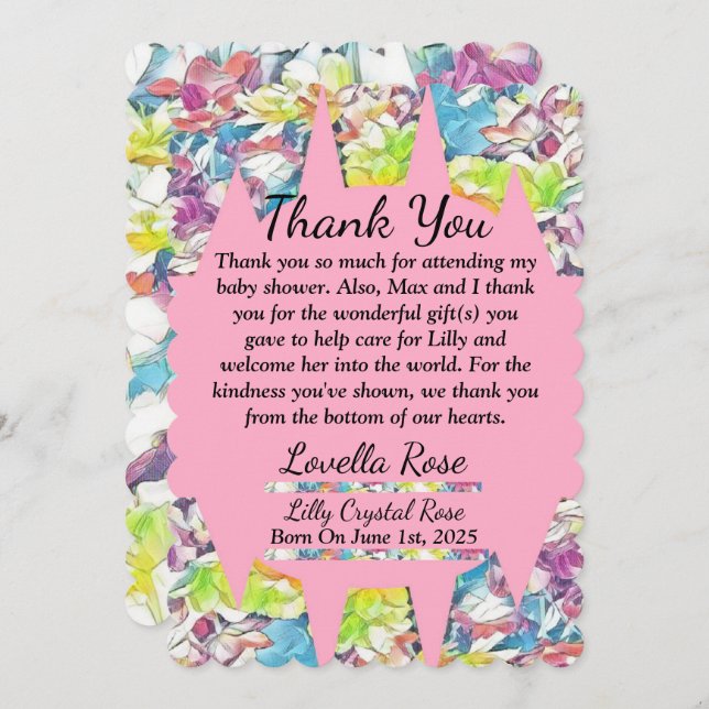 Tack för ditt kort med Rosa för blommigt Baby Show (Fram/baksida)