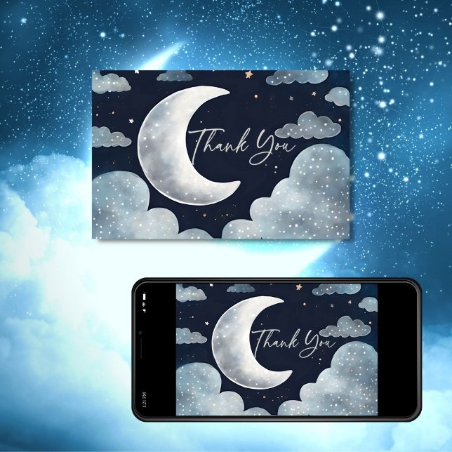 Tack för ditt kort över måne-galaxen-babyduschen (Over the moon stars galaxy baby shower template  thank you card digital download silver moon clouds)