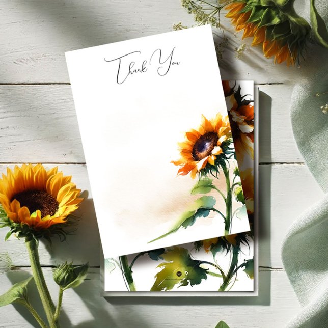 Tack för ditt kort, Rustic Solros Kort (Sunflower wedding stationery features thank you card with watercolor floral design)