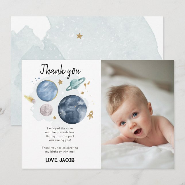 Tack för ditt kort, rymden Planets Galaxy Boy Inbjudningar (Fram/baksida)